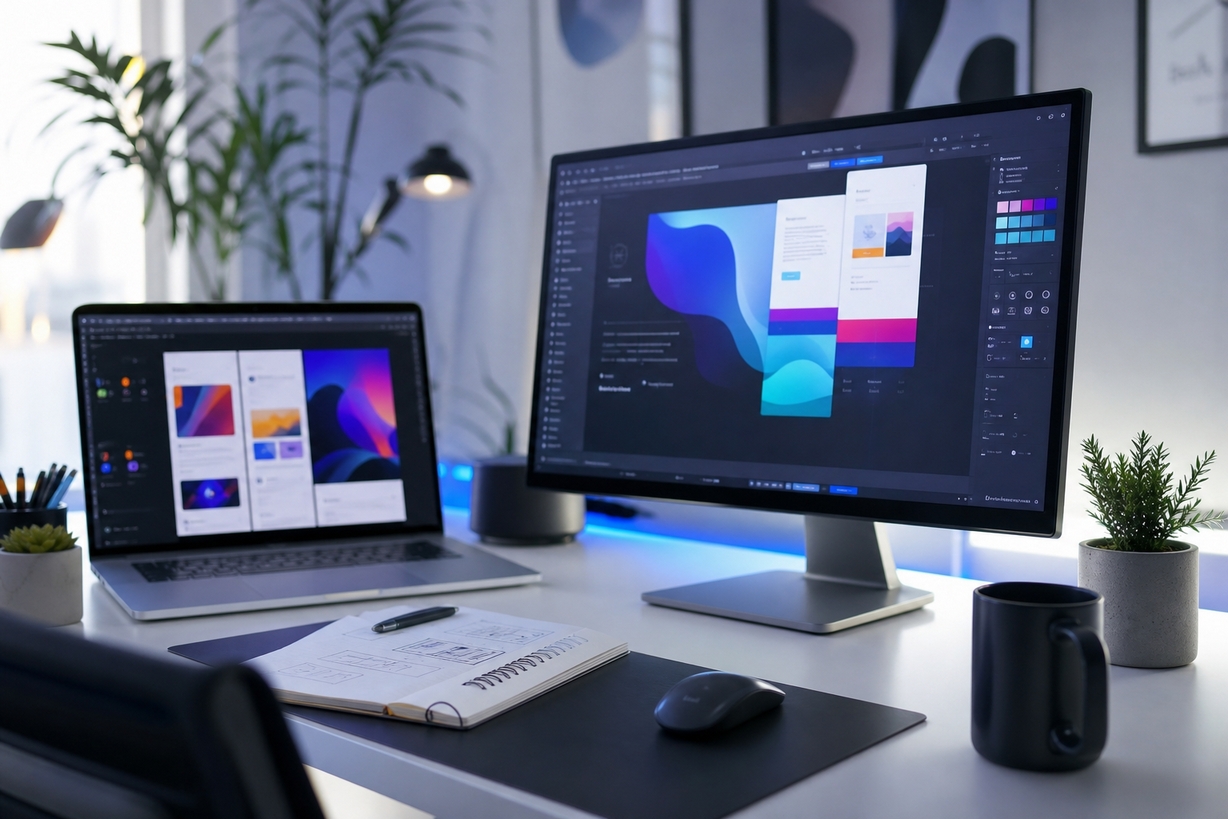 Mercury Design Agency creative workspace with UI designs on screen